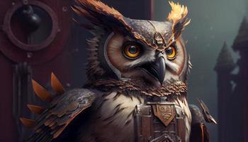 Closeup horned owl engineer in forest with cinematic concept. Generative Ai. photo