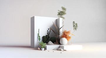 A indoor studio podium with environment concept white pedestal that is decorated with mirror, leaves and stone.Minimal abstract background. 3d isolated. Generative AI photo