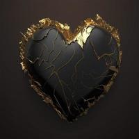 Realistic top view on elegant fantastic and black color for the valentine's day heart with golden cracks. Generative Ai. photo