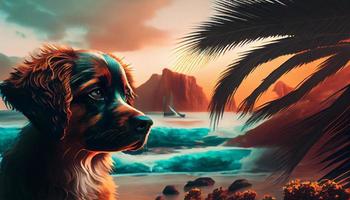 Expression of a dog in vintage style and colorful in nature as background. Generative Ai. photo