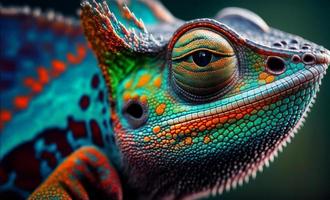 A Close-Up of a Colorful Chameleon in Psychedelic Art with concept style macro. Generative Ai. photo