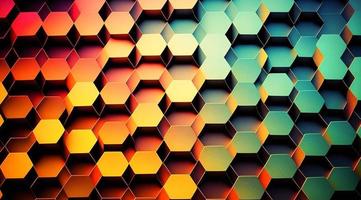 Realistic 3d render, abstract art colorful hexagon background. Neon color with hexagonal frame. Simple geometric shape. Generative Ai. photo