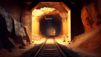 A coal mine underground ore tunnel with rails, mining industry. Generative Ai. photo