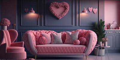 enamorado moderno interior habitación tener blanco rosado sofá color y elemento hogar decoración para San Valentín día generativo ai. foto