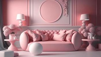 enamorado moderno interior habitación tener blanco rosado sofá color y elemento hogar decoración para San Valentín día generativo ai. foto