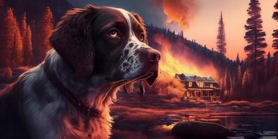 Sad expression of a dog against a terrible fire background. Wild animal in the midst of fire and smoke generative ai. photo