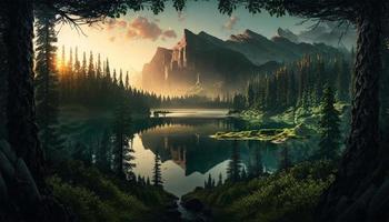 A beautiful panoramic landscape green forest with a lake and sunrise in the back mountain background with generative ai. photo