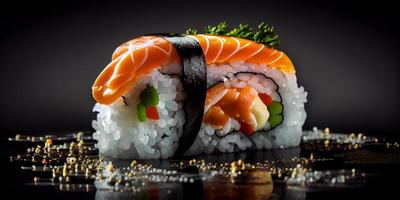 A rolls with salmon, avocado, tuna and cucumber isolated on white background. Fresh hosomaki pieces with rice and nori. Closeup of delicious japanese food with sushi roll generative ai. photo