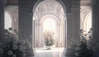 Luxury interior white palace with vintage ornamental pillar and daylight. Flower and leaves decoration in room, windows. . photo