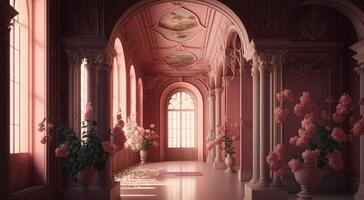 Luxury inside the pink palace of the magnificent castle with flowers decoration and old vintage ornaments in pillar with full daylight. . photo