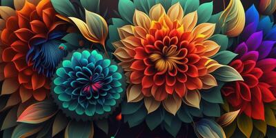 Beautiful mixed colorful flowers background. Vibrant colors of mixed flowers ornament backdrop. Generative ai. photo