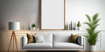 blanco póster pared marco burlarse de arriba en moderno escandinavo estilo vivo habitación interior. moderno vivo habitación interior fondo, sofá y planta en mesa, 3d representación generativo ai. foto
