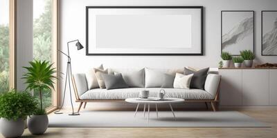 Blank poster wall frame mock up in modern Scandinavian style living room interior. Modern living room interior background, sofa and plant on table, 3d rendering . photo