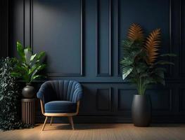 creativo composición de moderno vivo habitación interior Bosquejo diseño con azul sofá y elegante hogar accesorios. oscuro azul pared color. hogar puesta en escena y planta. modelo. Copiar espacio. 3d prestar. foto