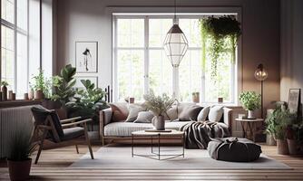 Stylish living room interior of modern apartment and trendy furniture, plants and elegant accessories. Home decor. Template, 3D render, 3D illustration.. photo