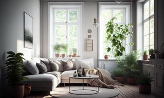 Stylish living room interior of modern apartment and trendy furniture, plants and elegant accessories. Home decor. Template, 3D render, 3D illustration.. photo