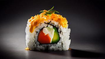 A rolls with salmon, avocado, tuna and cucumber isolated on white background. Fresh hosomaki pieces with rice and nori. Closeup of delicious japanese food with sushi roll generative ai. photo