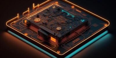 bitcoin en un neón naranja y azul antecedentes. destello de eléctrico relámpago en contra el antecedentes de computadora microchips digital electrónico divisa. cripta divisa. en línea bancario. generativo ai. foto