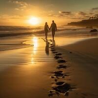 Romantic Sunset Beach Scene, Couple Walking Hand-in-Hand - photo