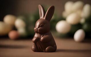 Illustration of a delicious chocolate bunny on a wooden table created with technology photo