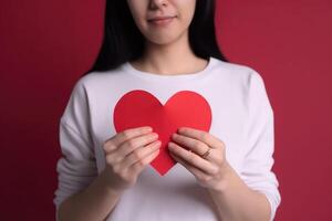 Illustration of a woman hiding behind a heart-shaped paper created with technology photo
