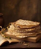 A stack of flatbread next to an open recipe book on a wooden table created with technology photo