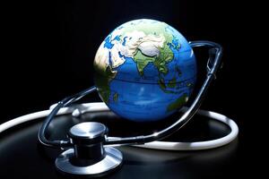 Illustration of a stethoscope with a globe and a stethoscope on it, symbolizing global healthcare created with technology photo