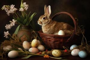 Illustration of a cute rabbit surrounded by Easter eggs and flowers in a basket created with technology photo