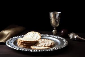 Illustration of a wine and cracker pairing on a silver plate created with technology photo