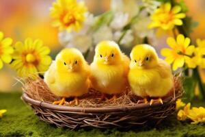 Adorable baby chicks huddled together in a cozy nest created with technology photo