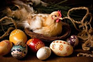 Illustration of a chicken and eggs in a rustic basket created with technology photo