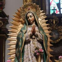 un religioso estatua de el Virgen María dentro un Iglesia creado con generativo ai tecnología foto
