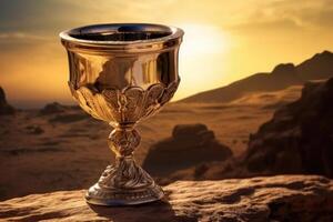 Illustration of a golden cup perched atop a rocky surface created with technology photo