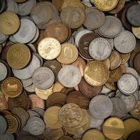 un montón de clasificado monedas de variar tamaños y denominaciones creado con generativo ai tecnología foto