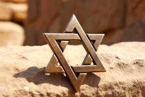Illustration of a Star of David ring resting on a rocky surface created with technology photo