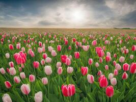 Beautiful field of flowers, pink tulips in spring, photo