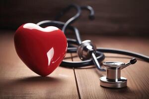 Illustration of a heart and a stethoscope on a wooden table created with technology photo