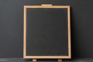 Illustration of a blackboard with a wooden frame against a gray wall created with technology photo