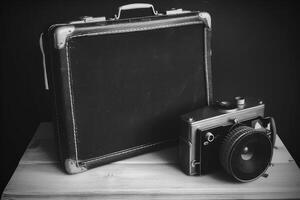 Illustration of a vintage camera and suitcase in black and white created with Generative AI technology photo