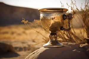 Illustration of a shiny silver cup resting on a rugged rock surface created with technology photo