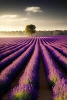 Illustration of a solitary tree surrounded by a sea of lavender flowers created with technology photo
