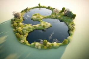 Illustration of a serene floating island with a tranquil lake and lush trees created with technology photo