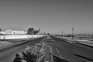 wide asphalt road on the Spanish Canary Island Fuerteventura with palm trees photo