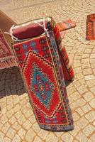 interesting background with handmade Turkish rugs in close-up photo