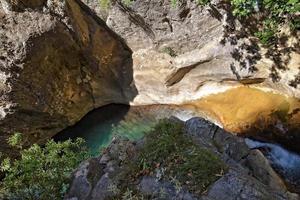 a natural wild landscape in the Turkish mountains with an interesting waterfall and the sapadere canyon photo