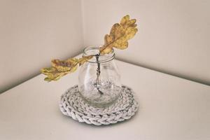 autumn oak leaf in a glass dish standing on a white table photo