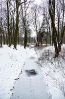 park  in Warsaw Poland on a snowy winter day with a frozen stream and a bridge photo
