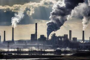 Illustration of a polluting factory emitting smoke from its stacks created with technology photo
