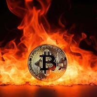 Illustration of a burning bitcoin on a dark backdrop created with technology photo