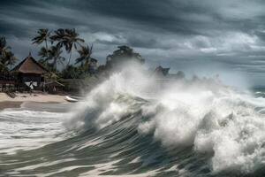 Illustration of a massive wave breaking onto the sandy shore of a beach created with technology photo